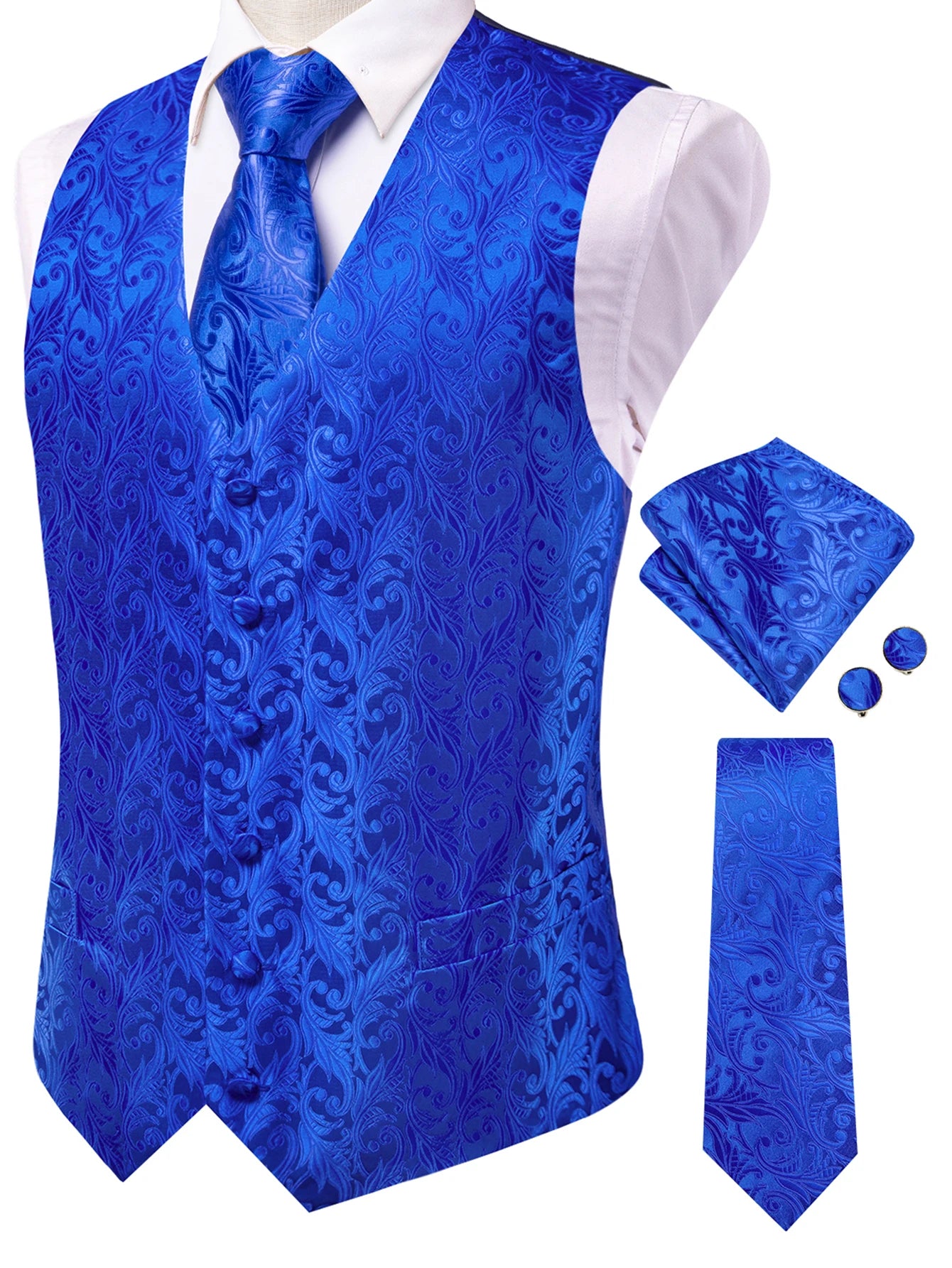Men's Classic Floral Vest Tie Hanky Cufflinks Waistcoat Weddings Qme HT-MJ-0208 XXXL