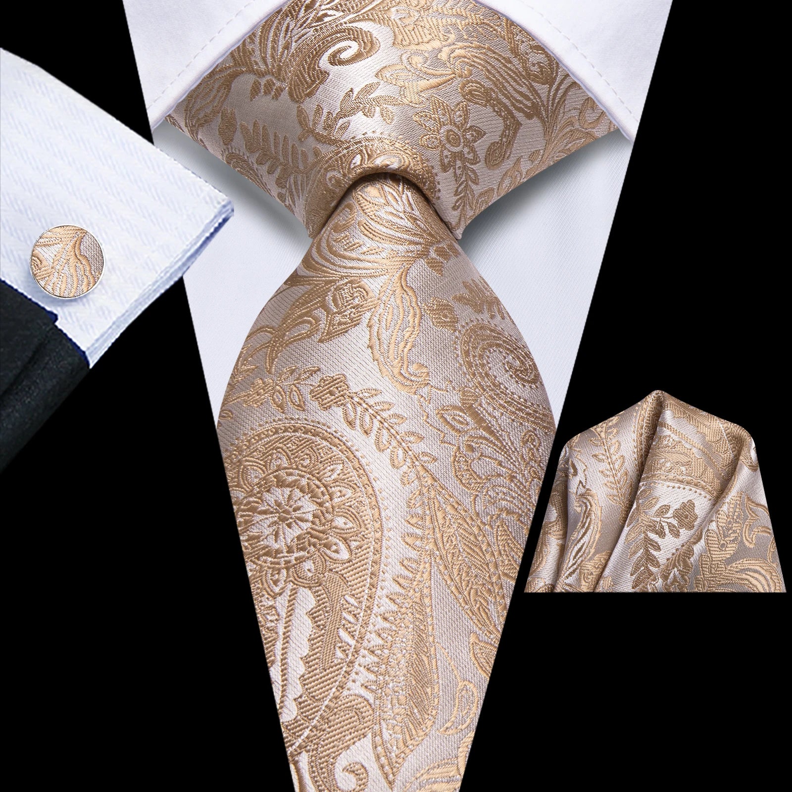 Extra Long Tie Set for Men, 3-Piece Wedding Accessories with Cufflinks & Pocket Handkerchief, Striped/Floral Design Qme DPTH-LDSN4071