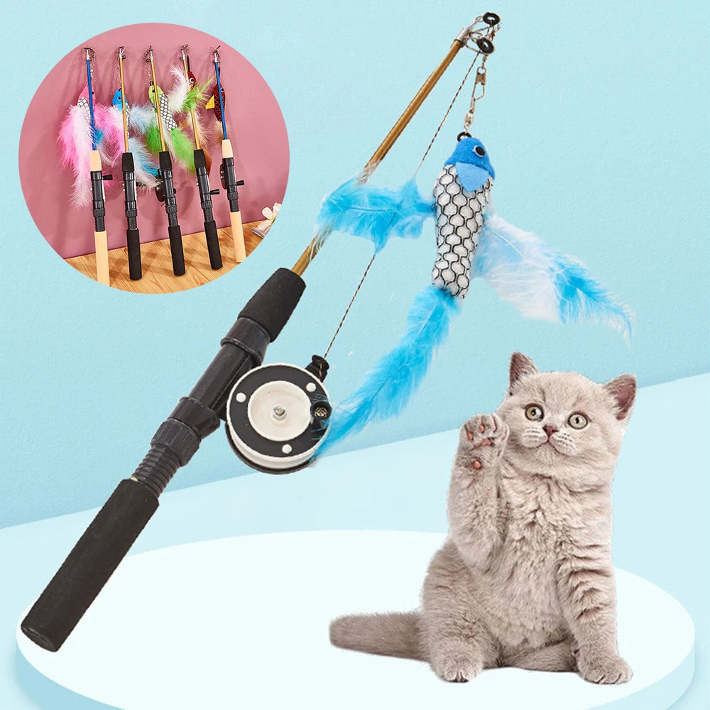 Retractable Cat Toy Fish Type Telescopic Feathers Funny Cat Stick Toys Pet Toy for Kitten Cat Rods Simulation Fishing Rod Qme