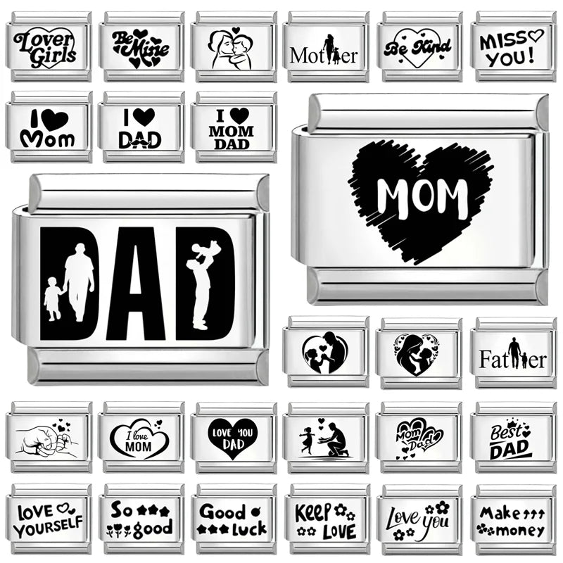 Black Laser Engraving Dad Mom Father's Day Mother's Day Italian Charm Link Fit 9mm Stainless Steel Bracelet DIY Making Jewelrys Qme