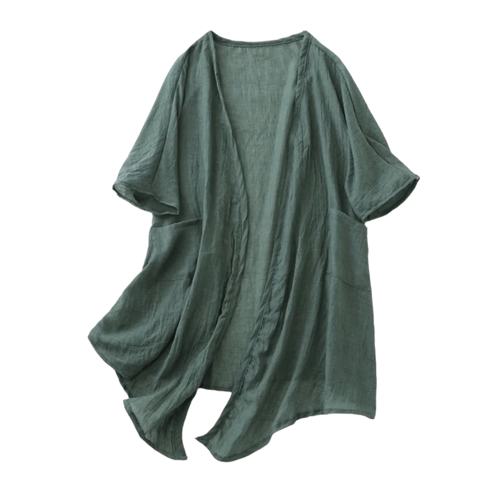 Solid Short Sleeved Linen Cardigan Loose Front Opening Summer Shirt Qme Green XXL