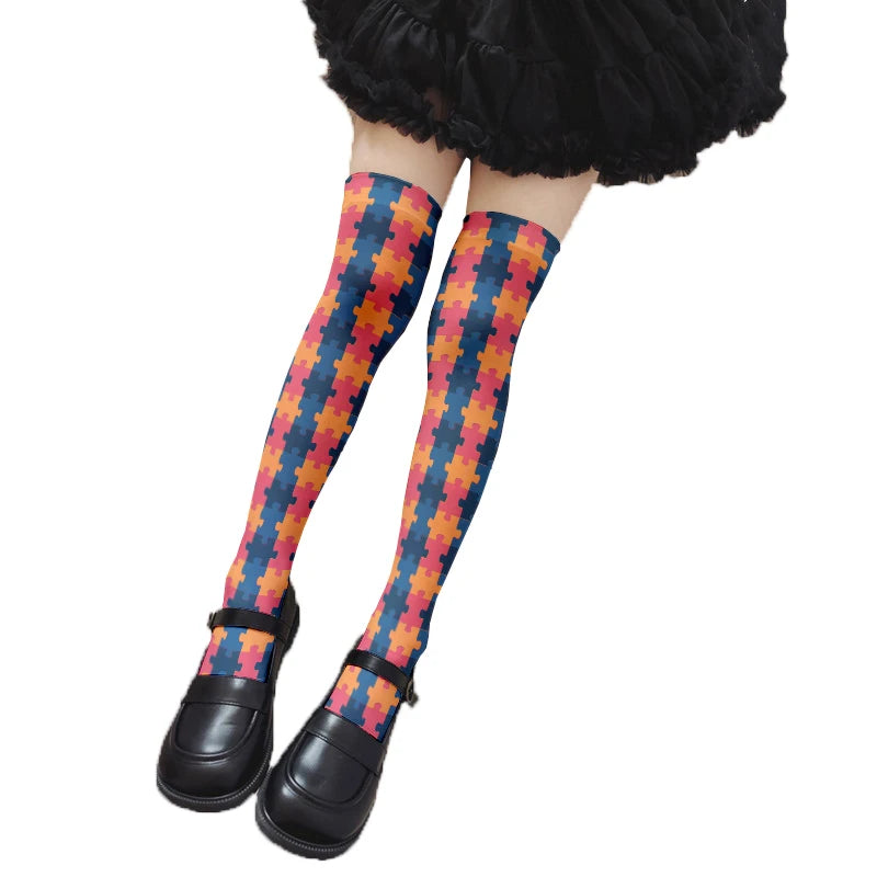 Novelty Puzzle Pattern Stockings Harajuku Sexy Plaid Knee Socks Qme style3 One Size
