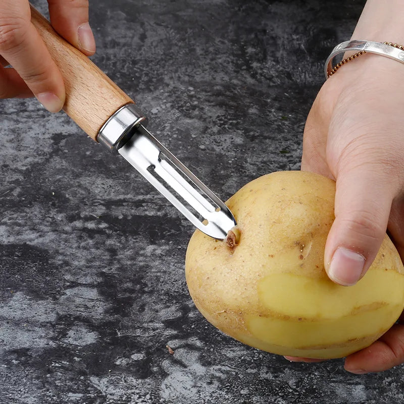 2-Piece Wooden Handle Stainless Steel Peeler,Straight & D-shaped Fruit Vegetable Melon Planer,Wooden Grip Peeling Kitchen Tool Qme