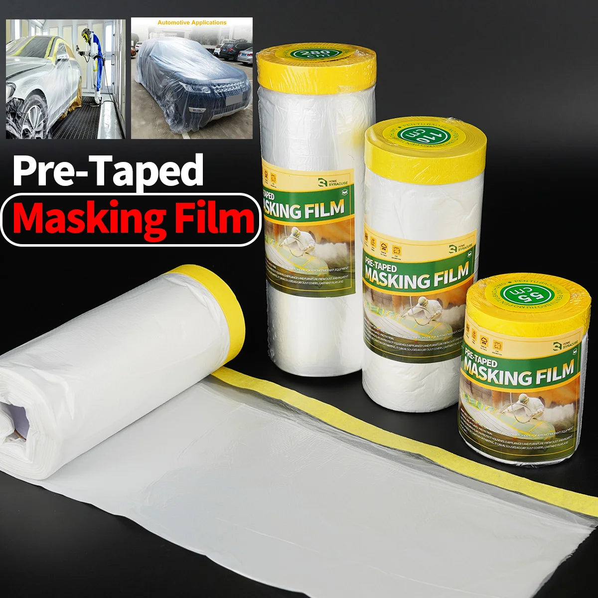 Pre-Taped Masking Film, Paint Adhesive Protective Film Roll for Covering Skirting, Frames, Cars and Auto Body Qme