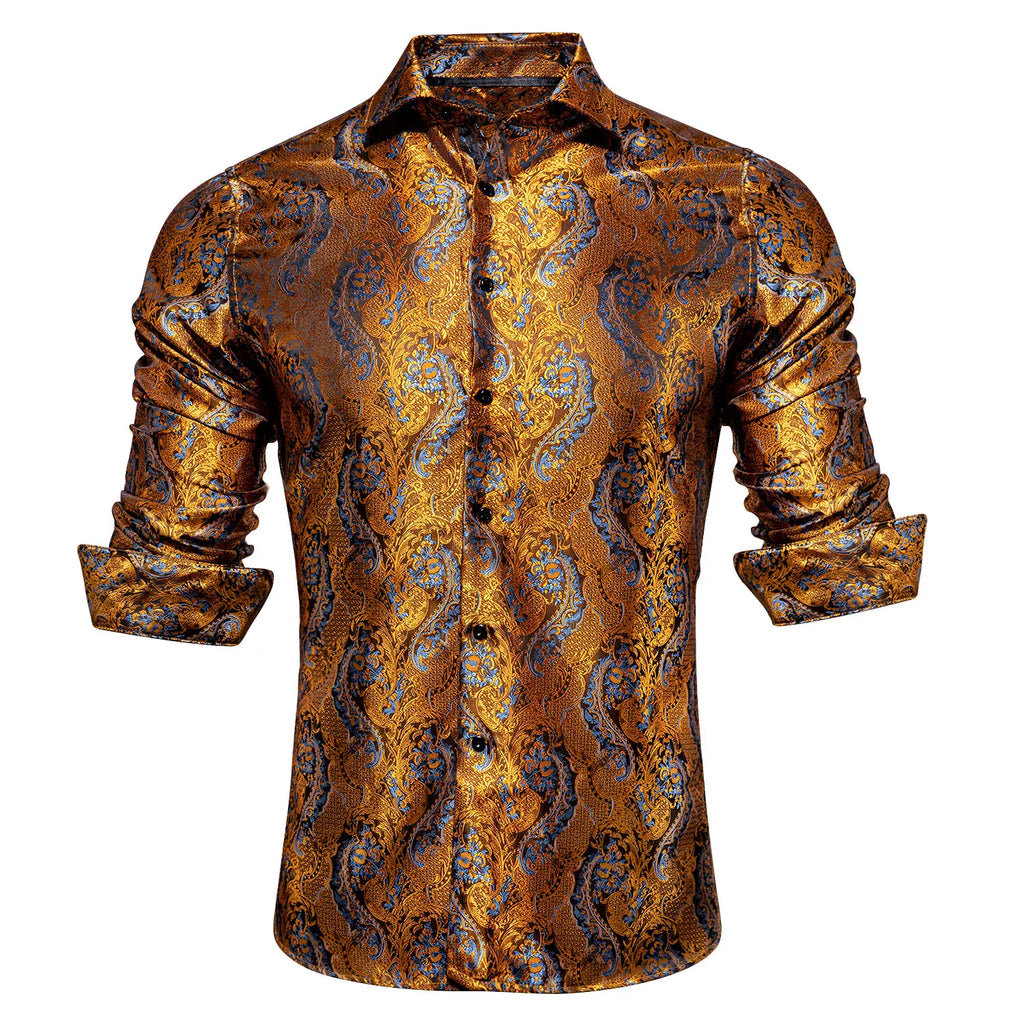 Hi-Tie Fashion Mens Silk Shirts Long Sleeve Gold Blue Paisley Jacquard Lapel Shirt Casual Formal Wedding Business Party Gifts Qme