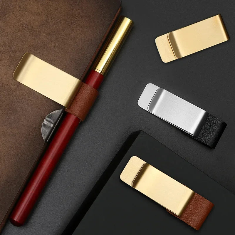 Handmade Leather Brass Stainless Steel Pen Holder Clip Journal Notebook Paper Folder Writing Office Supplies Qme