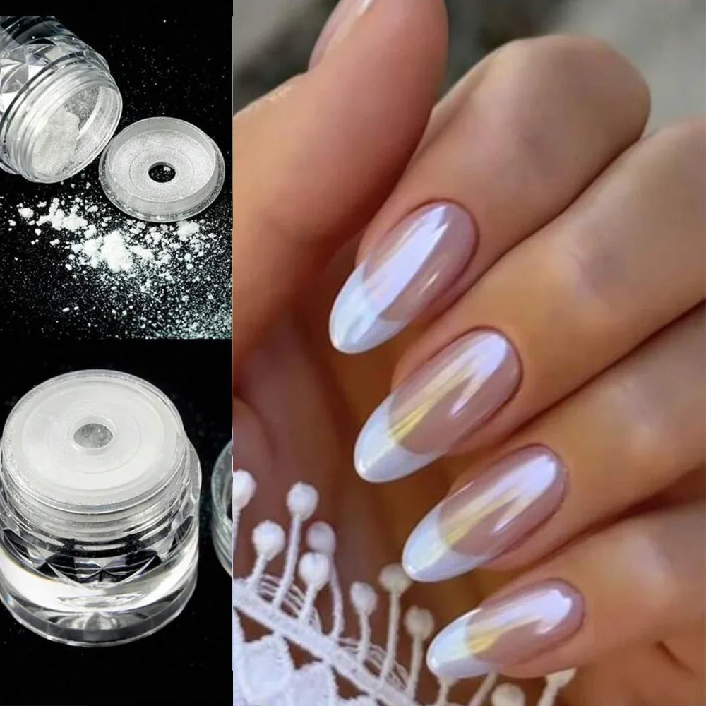 Chrome Nail Powder Ice Transparent Aurora Gloss Pearl Rainbow Metal Qme
