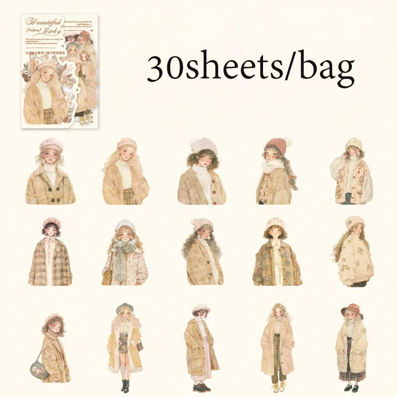 30 Sheets/Bag Korean Cute Girl PET Stickers Pack for Scrapbook Journal DIY Planner Phone Case Notebook Decoration Craft Gift Qme 3