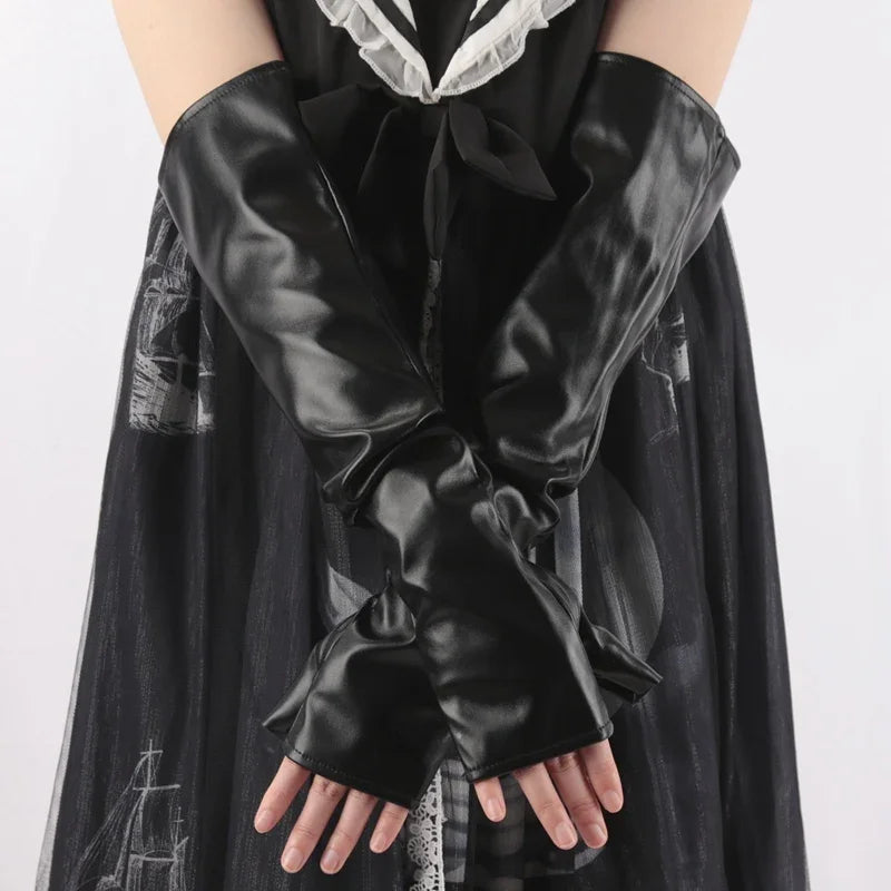 Women Long Fingerless Gloves Sexy PU Leathers Female Hip Pop Mittens Qme