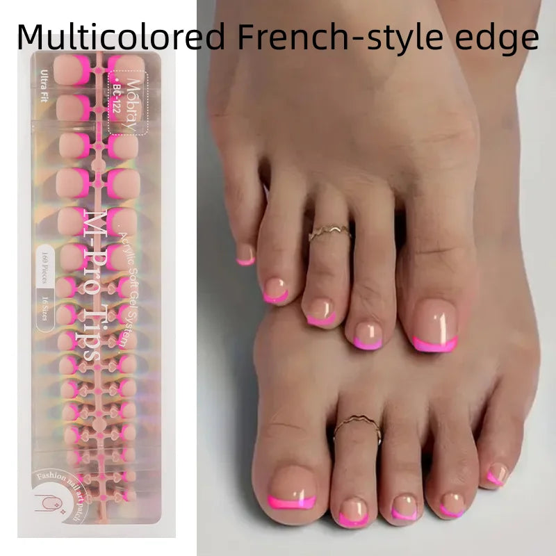 160pcs Fake Toe Nail Tips Pink French Short Square Full Cover Natural Artificial Acrylic Fake Press On Toenails For Nail Salons Qme French-style