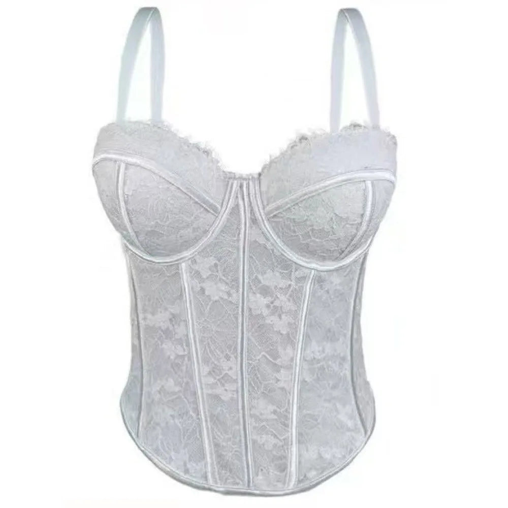 Sweet Mesh Flower Slim Lace Crop Bottoming Shirt Fishbone Corset Qme White One Size