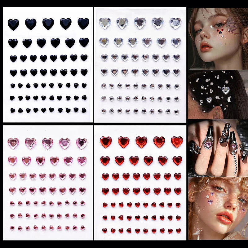 57Pcs/sheet Heart Rhinestone Face Jewels Stickers 3D Multicolor Self-Adhesive Gems For DIY Festival Party Eye & Face Makeup Deco Qme