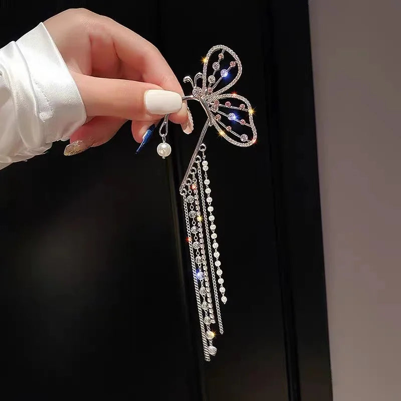 Creativity Exaggerate Silver Color Tassel Butterfly Ear Clips Women Ear Cuff Clip Fairy Earrings Without Piercing Sparkling Qme