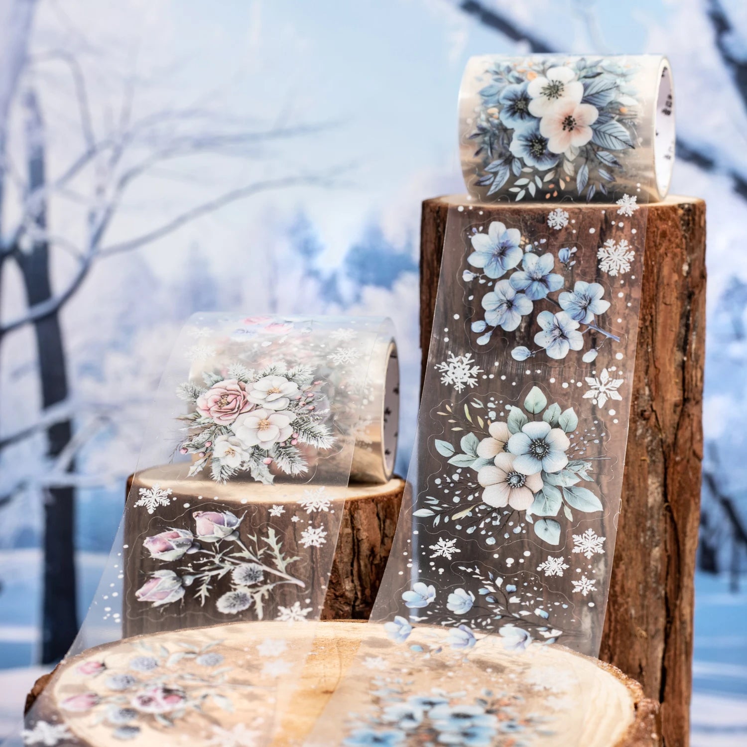 1 Roll Winter Floral Theme PET Material Die-Cut Tape for Journal Diary DIY Scrapbook Collage Decoration Supplies Qme