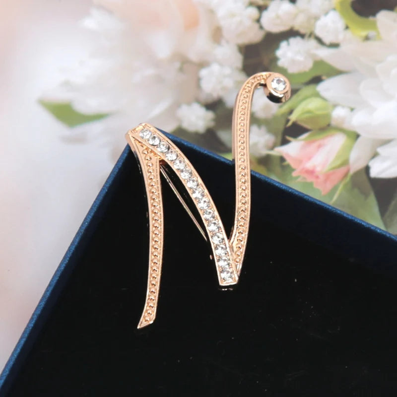 Fashion Women Rhinestone Brooch A-z English Letter Gold Metal Pins Qme N