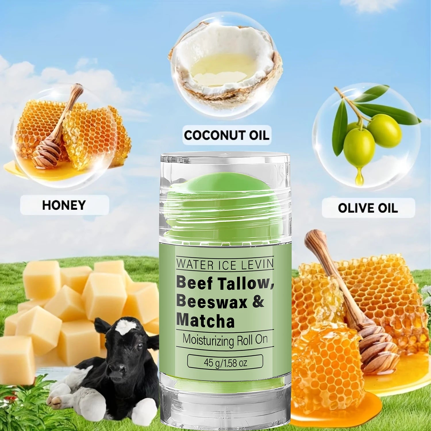 Collagen Infused Matcha Tallow Balm, Beef Tallow & Beeswax Moisturizing Roll On Treatment Qme