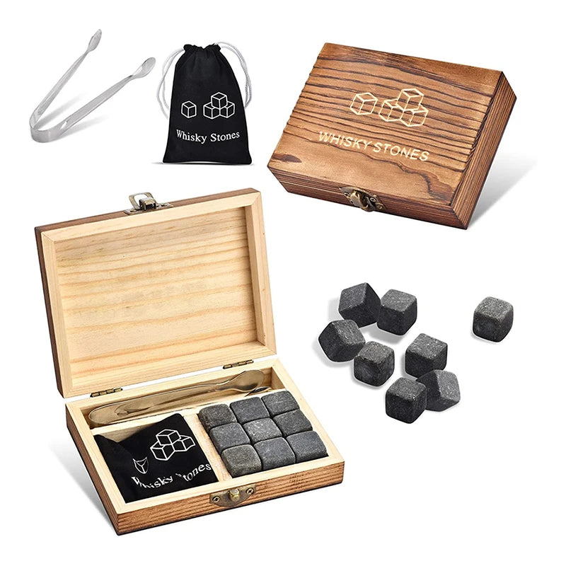 9 PCS Whisky Ice Stones Reusable Ice Cubes Bar Tools Whiskey Cooling Ice Stones Gifts For Whisky Lovers Stone Wooden Box Set Qme