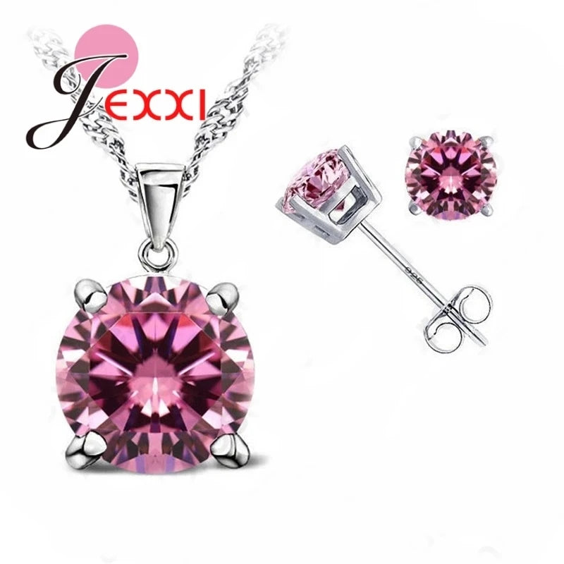 Top Sale CZ Cubic Zirconia Good Quality 925 Sterling Silver Color Jewelry Sets Stud Earring Pendant Necklace for Wedding Qme Pink