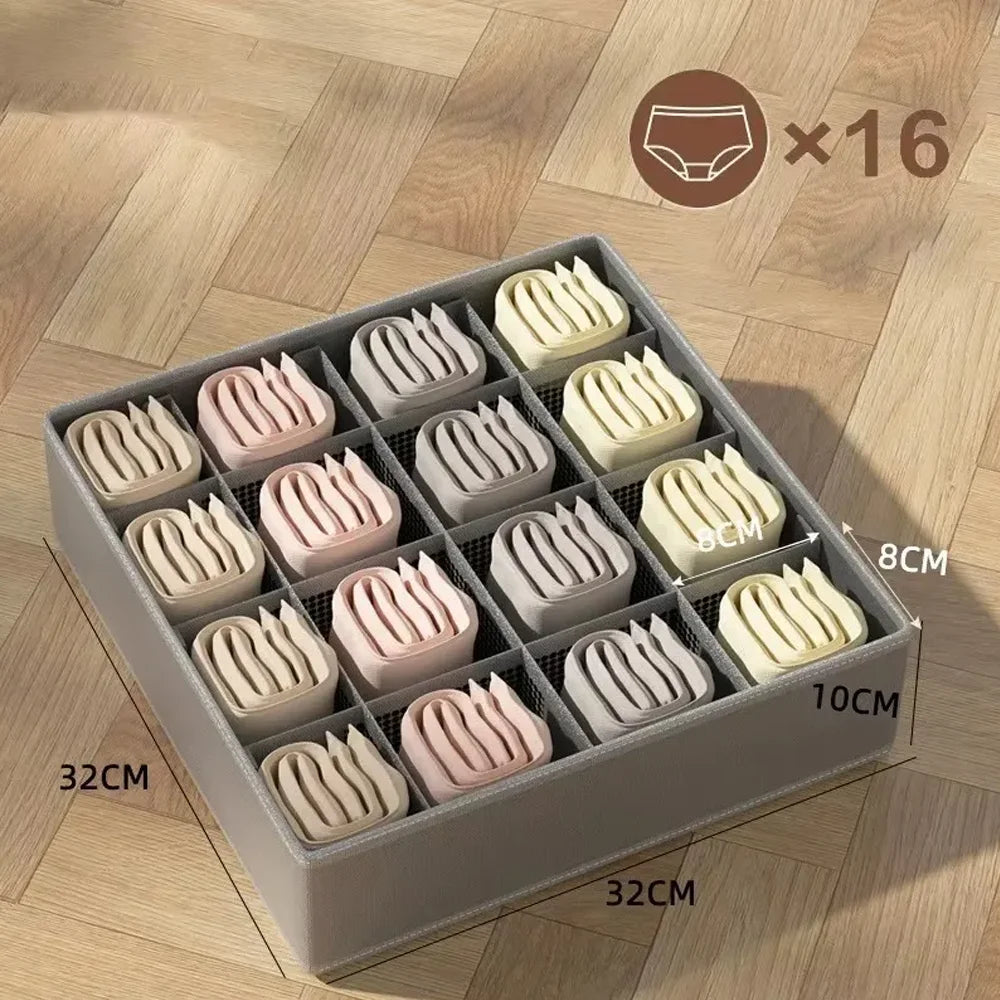 3-in-1 Drawer Organizer for Underwear & Socks Foldable Fabric Storage Box with Compartments for Bras & Panties Qme 16grid grey