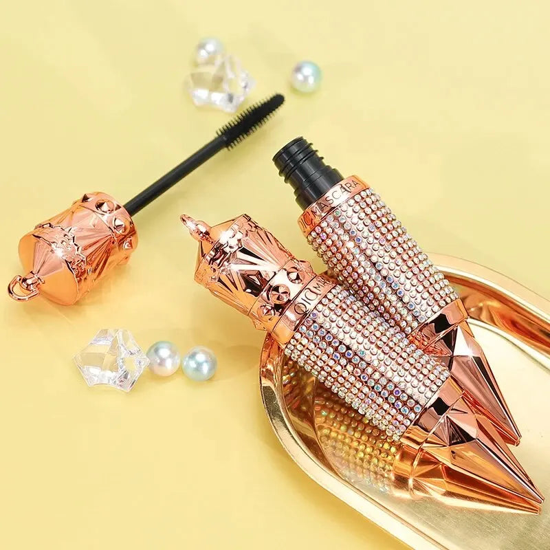 Mascara Waterproof Smudge Proof Elongate Eyelashes Makeup Tool, Natural Thick Curling, Rhinestone Decorative Shell Qme