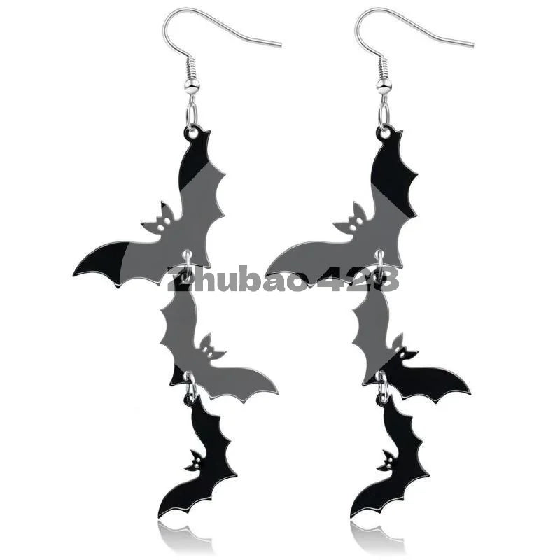 Black Bat Dangle Earrings Hypoallergenic Stainless Steel Hooks Gothic Jewelry for Halloween Cosplay Party Qme