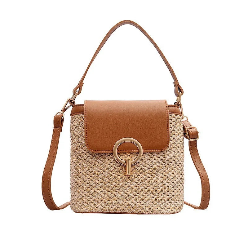 Small Straw Bucket Bags Women Summer Crossbody Lady Travel Purses Qme