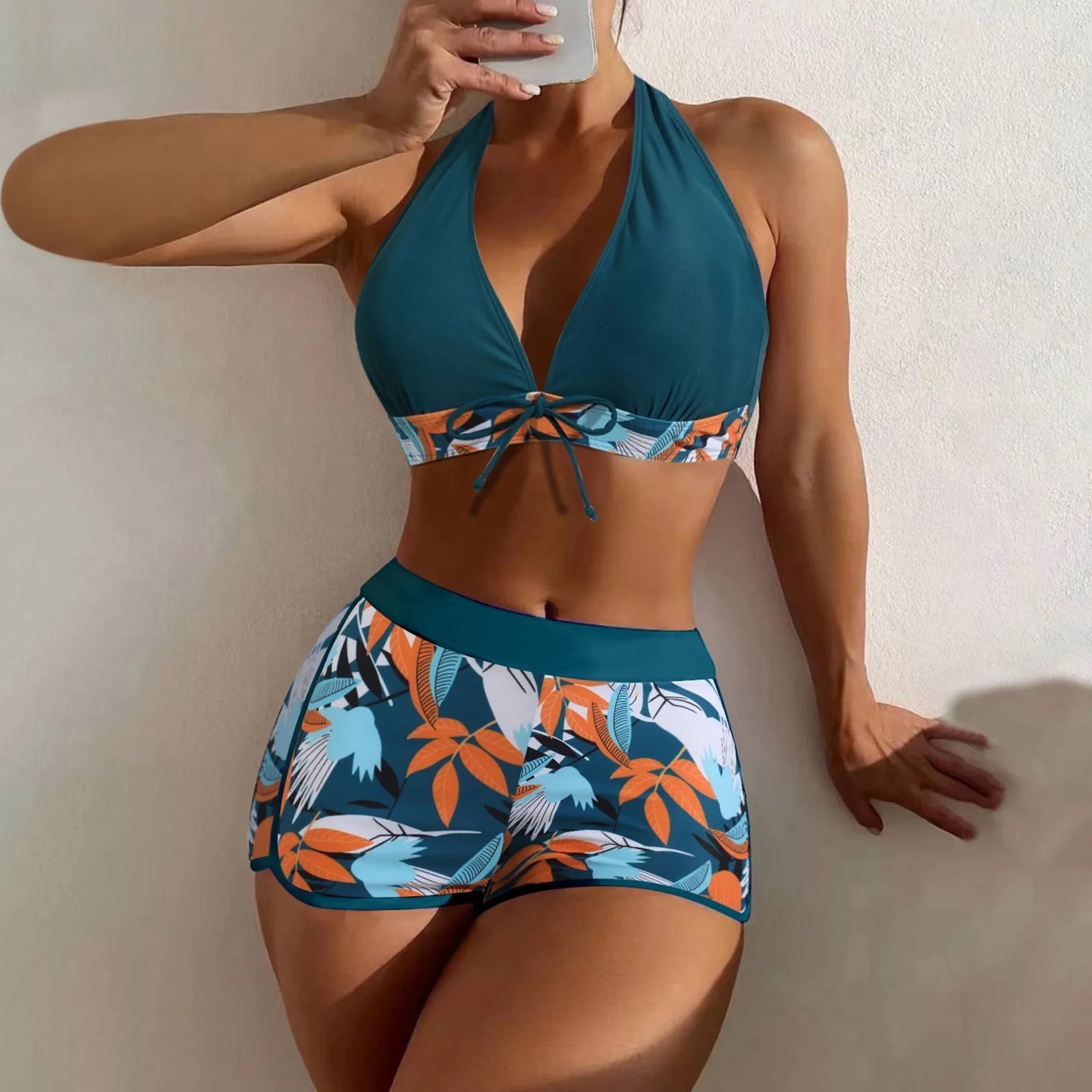 Women's Paneled Printed Swimsuit Ladies Fashion Sexy Split Boxer High Waist Swimsuit Two-Piece Set V-Neck Bathing Suits Female Qme