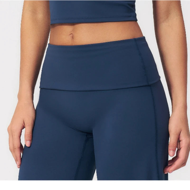A Gym Pilates Running Workout Pants Women Low Waist Straight Leg Trousers with Fold Waist Nude Feeling Soft Yoga Underwear Qme