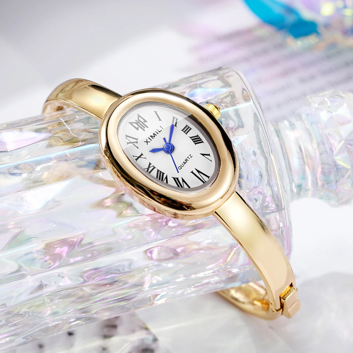 Minimalist Thin Gold Metal Bangle Ladies Watch, Small Oval Dial Roman Scale Quartz Dress Watch, Elegant Gift for Girls Women Qme Gold White