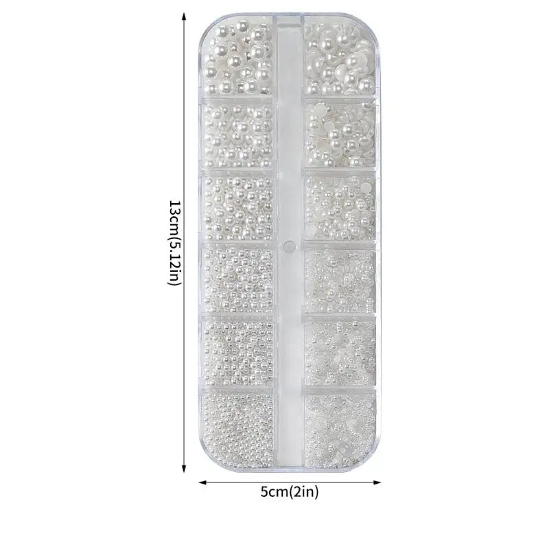 12 Grids Half Round Pearls Bead 3D Nail Charms 1 5 2 3 4 White Qme