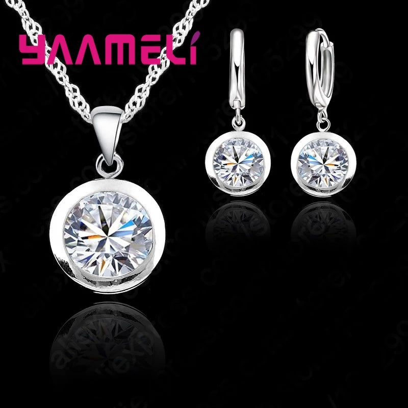 New Wedding Fine Women Jewelry Sets Real Pure 925 Sterling Silver Color Round Cubic Zircon CZ Pendant Necklaces Hoop Earrings Qme