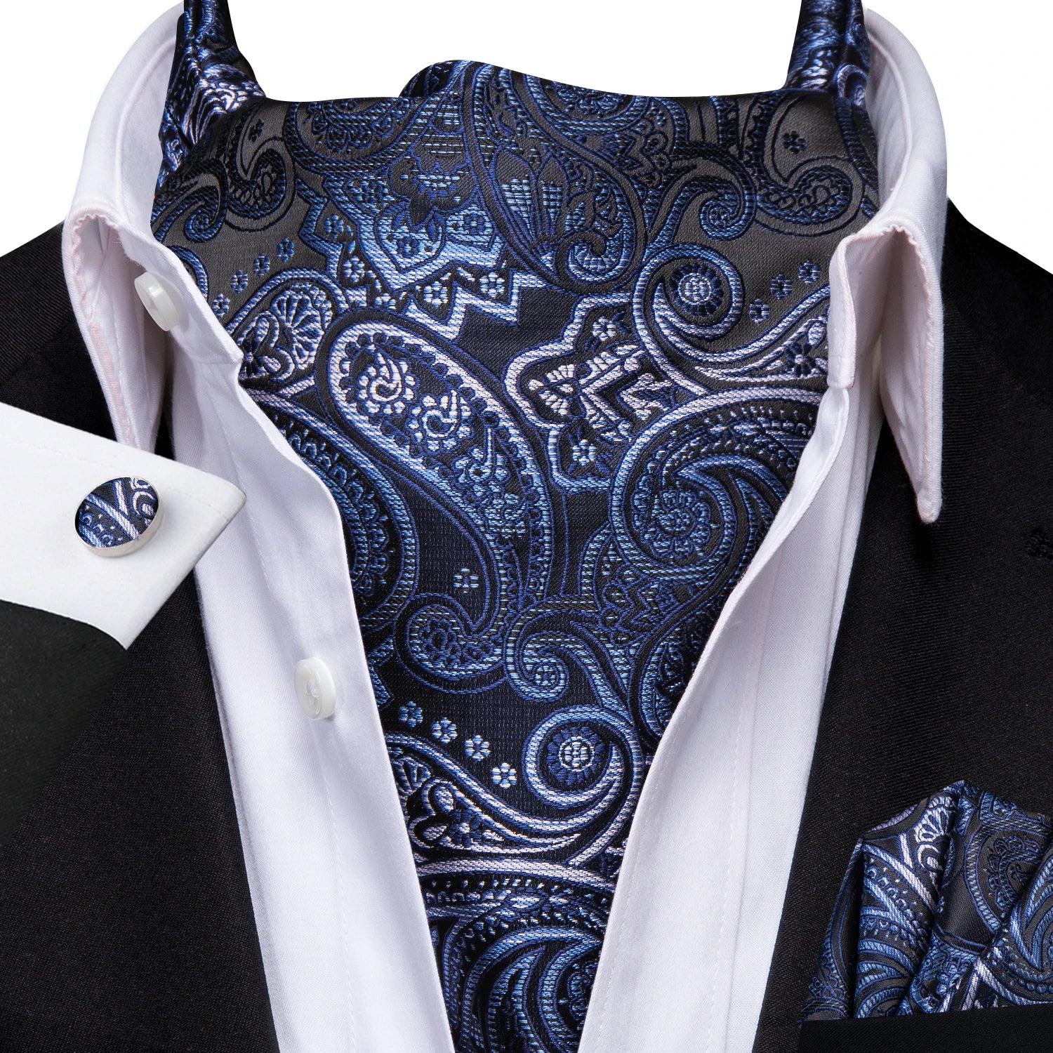 Mens Blue Floral Stripes Cravat Ascot Pocket Square Cufflinks Wedding Qme LDAS1177
