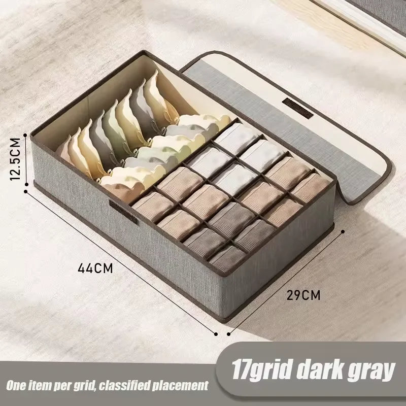 Underwear Storage Box Cotton And Linen Six-compartment Compartment With Lid Underwear Box With Compartments Drawer Style Qme Gray 17grid