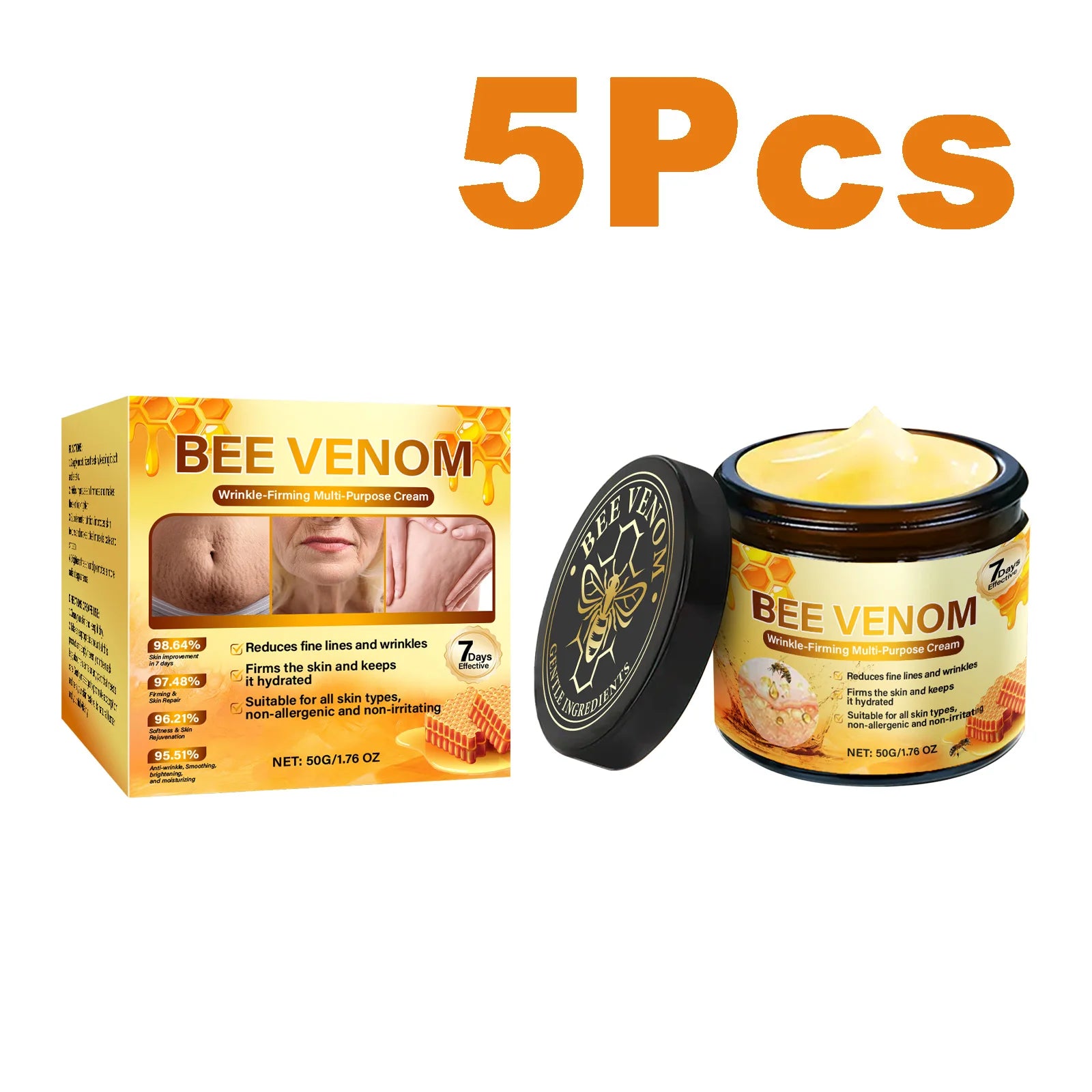 Bee Venom Firming Cream Anti-Wrinkle Lifting Face Moisturizer with Hyaluronic Acid Reduce Fine Lines Multipurpose Bee Venom Crea Qme 5 x 50g Boxed