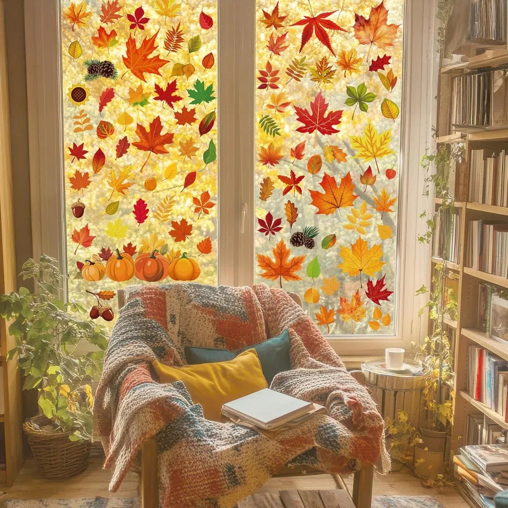 Fall Autumn Window Clings Stickers 5 Sheets Maple Leaves Pumpkin Nuts Qme