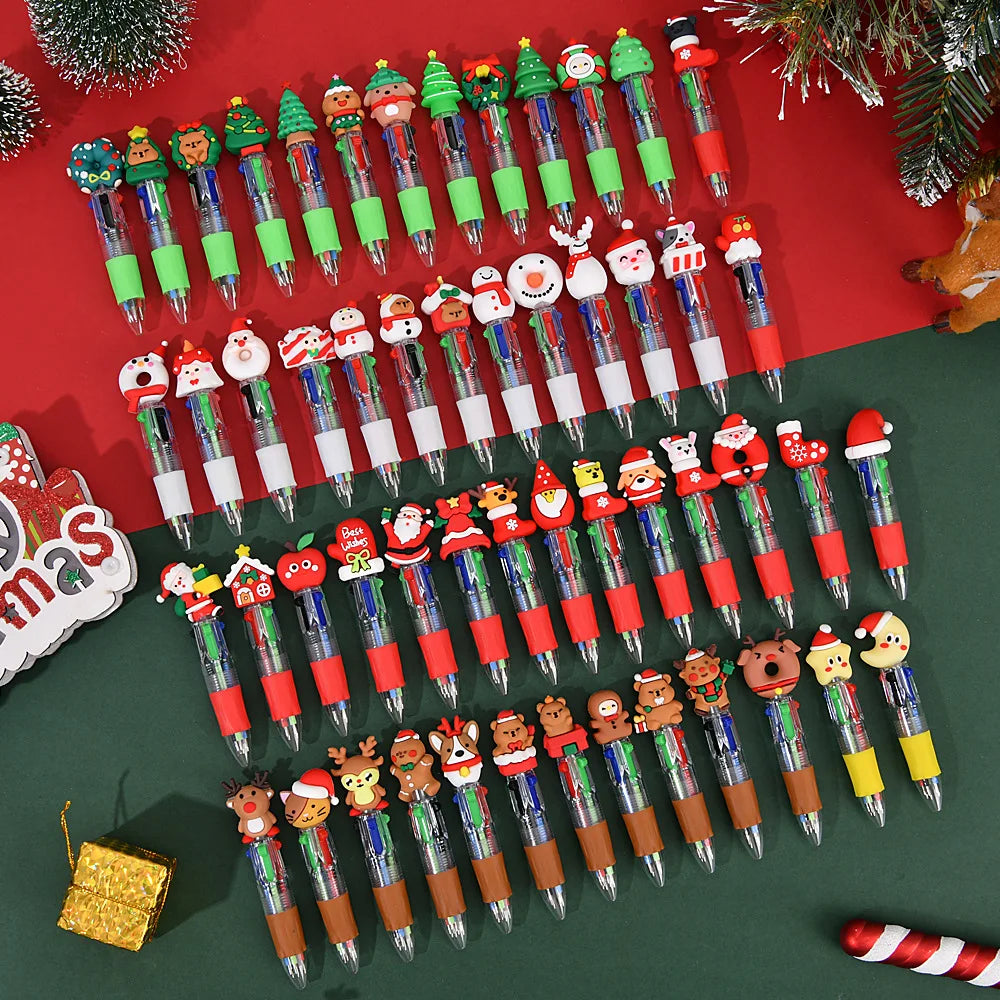 Cute Cartoon Plastic Multicolor Christmas Ballpoint Pens Creativity Silicone Snowman Elk Christmas Four-color Ballpoint Pen Qme