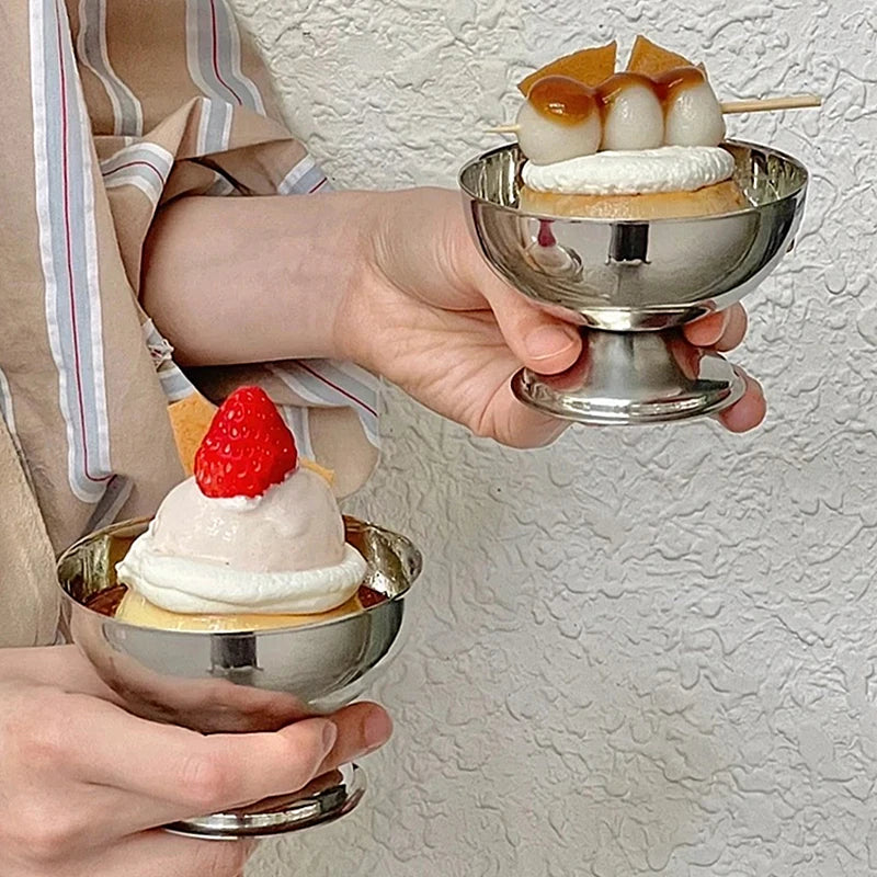 Ice Cream Cups Salad Bowl Stainless Steel Dessert Fruit Plate Snack Qme