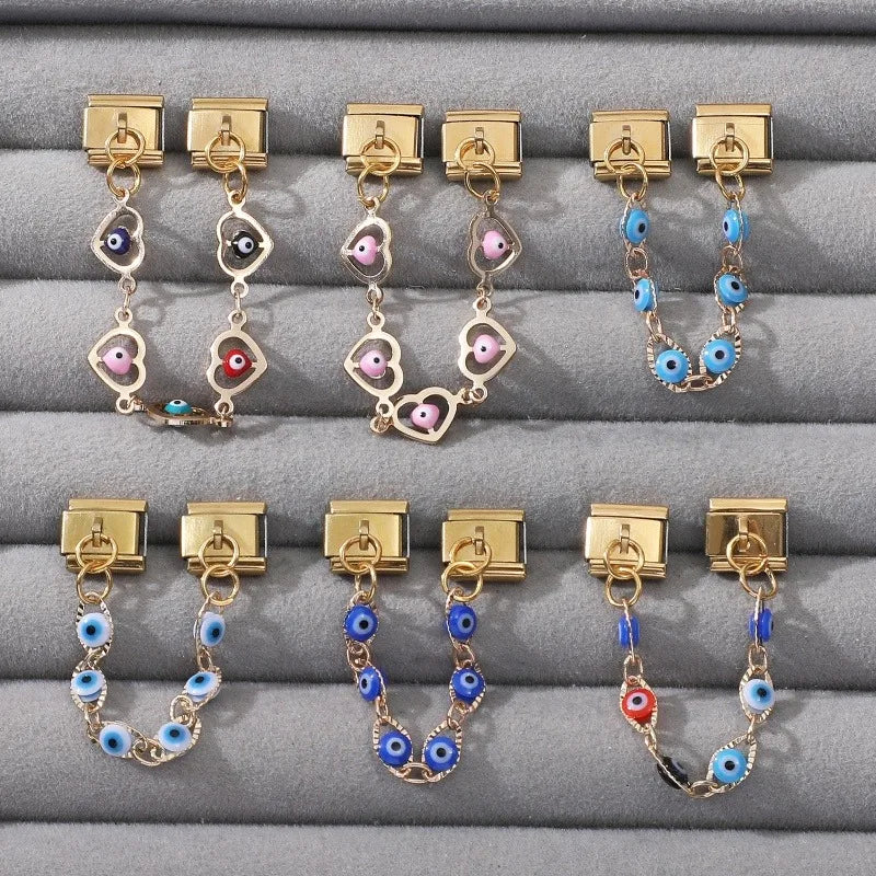 2026 Vintage Golden Charm Red Heart Zircon Tassel Chain Italian Charm Links Fit 9MM Stainless Steel Bracelet DIY Making Jewelry Qme