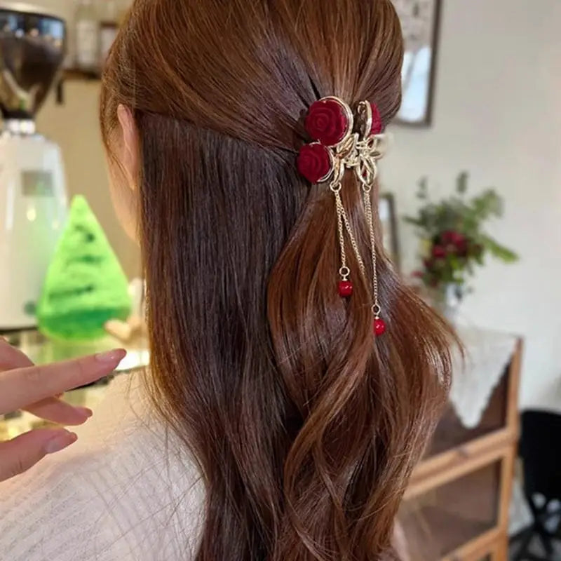 Vintage Elegant Red Flocked Rose Tassel Hair Clip Stylish Ponytail Qme
