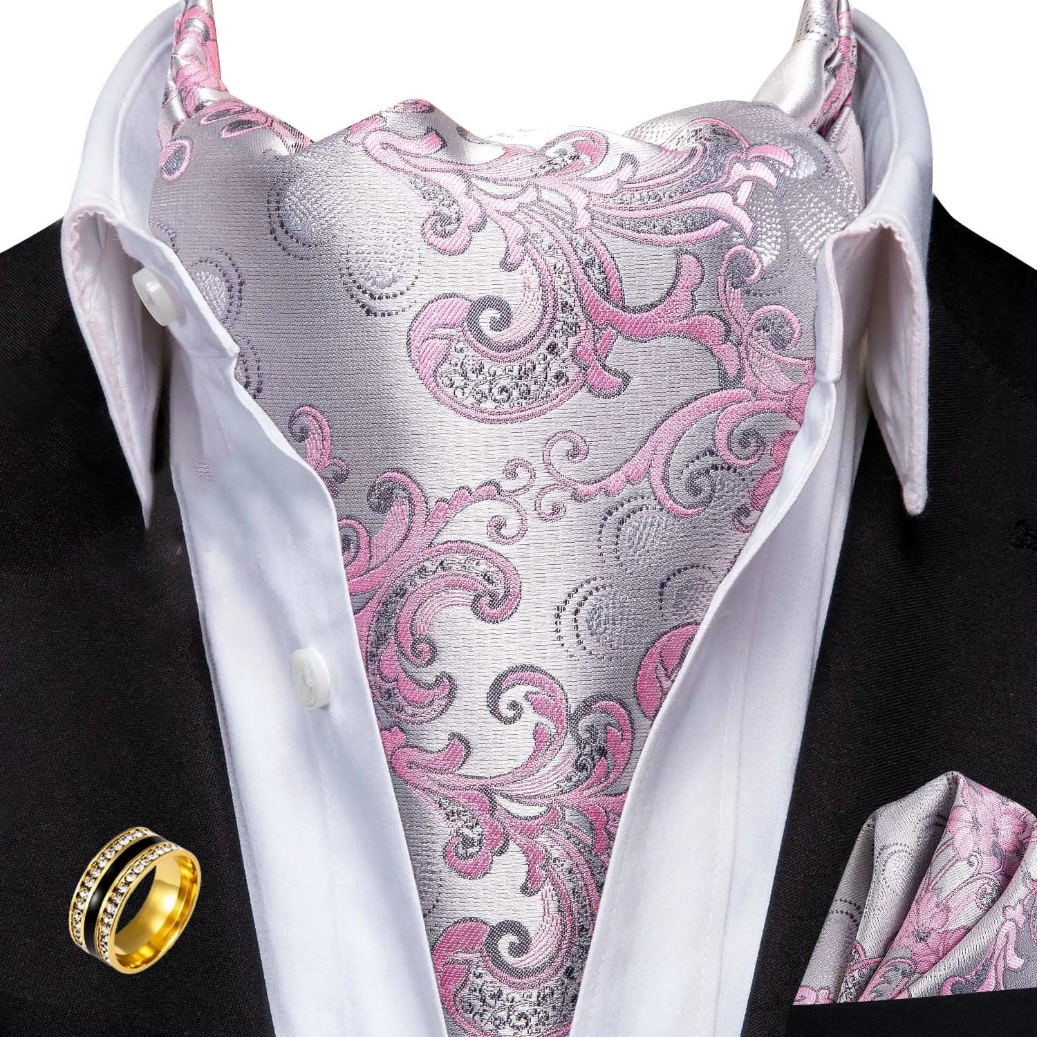 Ascot Tie Set, Classic Cravat with Pocket Square & Decorative Ring, Fashion Men's Neck Accessories Wedding Party silk Daily Wear Qme AS-1089-JZ0020