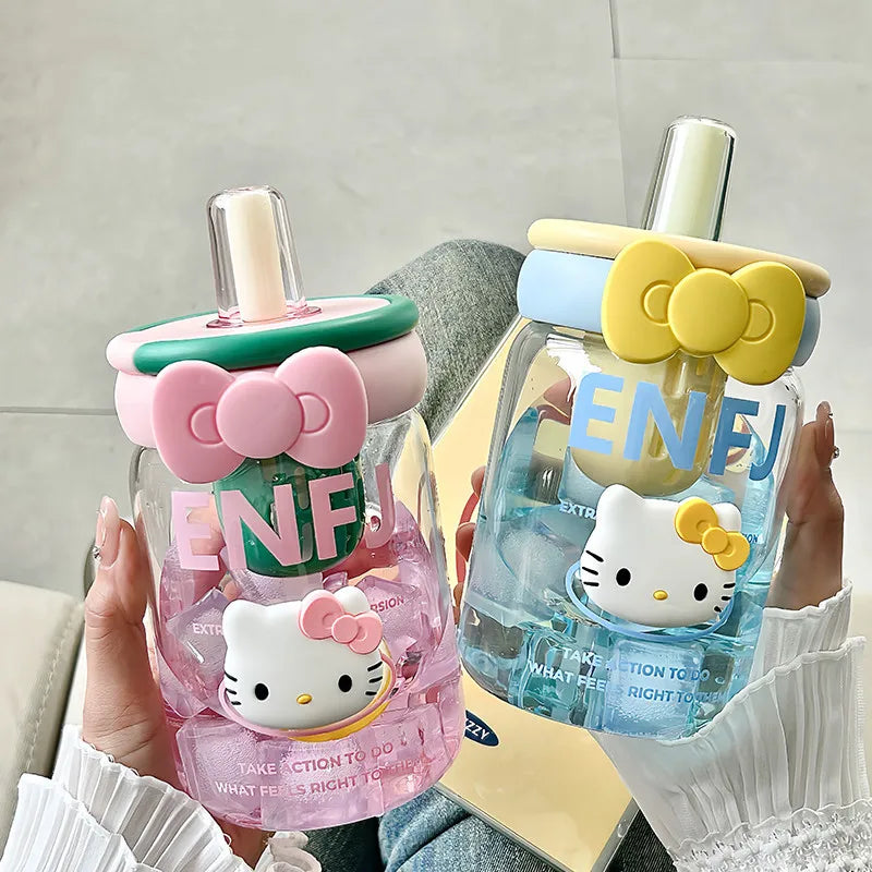 Cute, Stylish Hello Kitty Glass Cup Office Tea Cup for Women with Straw for Separating Tea and Water Heat-Resistant Coffee Cup Qme