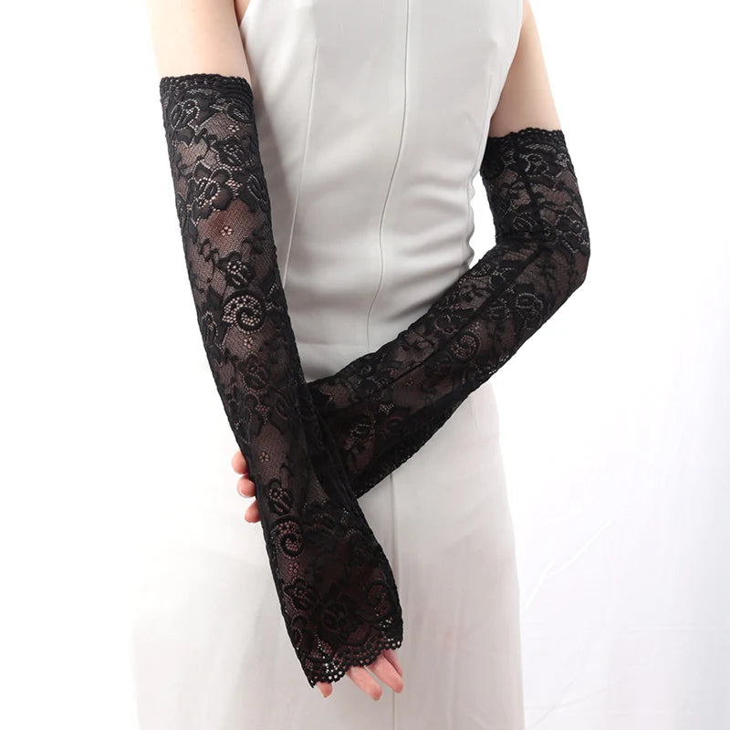 Women Long Lace Gloves Fishnet Mesh Fingerless Mittens Lady Cycling Qme