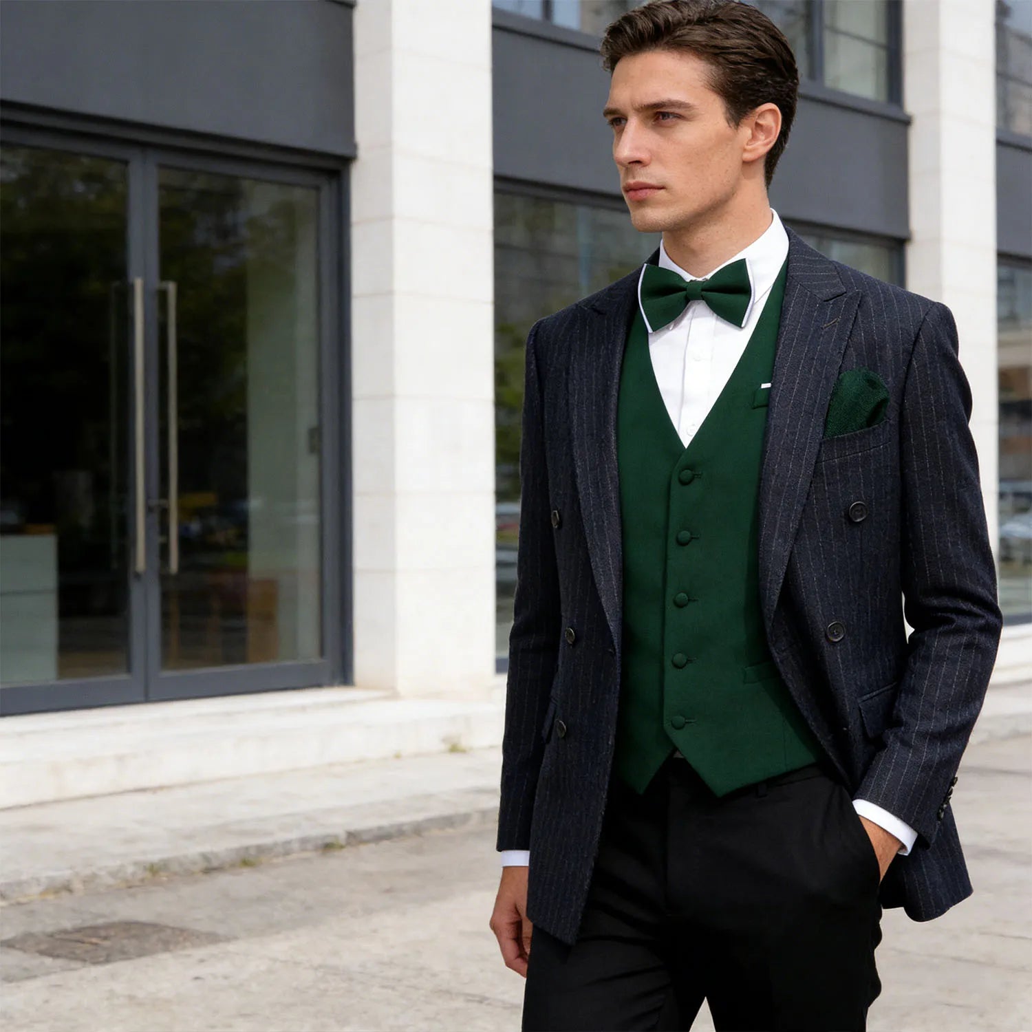 Men's Formal GreenVest and BowTie Set – Classic V-Neck Waistcoat with Matching Tie Ideal for Banquets Celebrations Qme