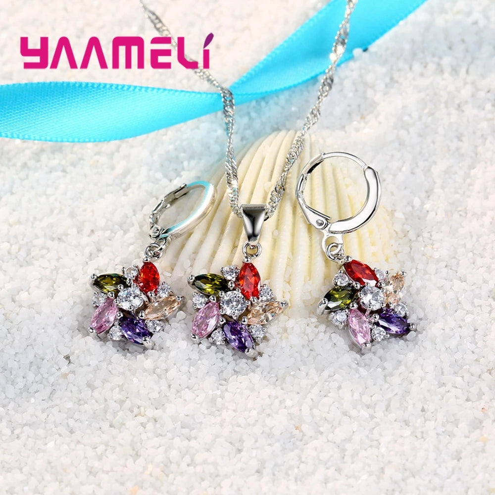 925 Sterling Silver Color Pendant Necklace Earrings Romantic Ethnic Style Windmill Shape Colorful/White Crystal Stone For Girl Qme