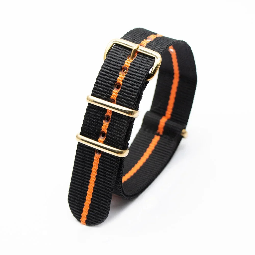 Hot Selling Gold Square Buckle Nylon Four Colors Watch Strap Fashionable Wear Resistant Watch Striped Bracelet Nice Watch Strap Qme 2Black 1Orange 22 mm
