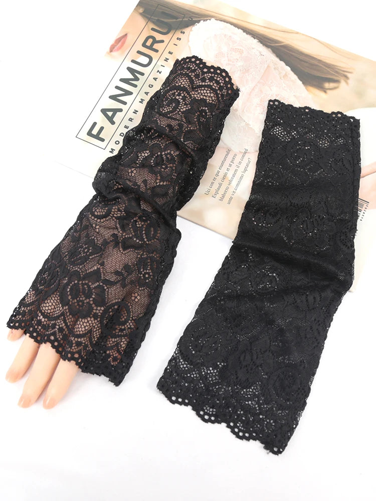 1 Pair Arm Sleeves Lace Sunscreen Short Gloves Ultra-thin UV Qme black 29cm