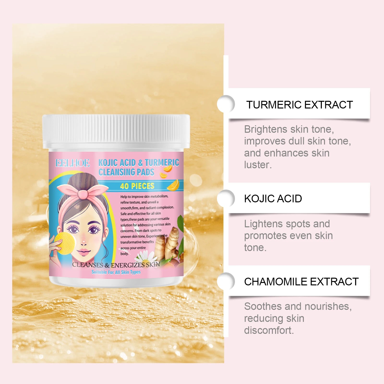 40pcs Turmeric Kojic Acid Facial Cleansing Pads Exfoliating Cleaning Remover Pores Dirt Moisturizing Daily Face Clean Skin Care Qme
