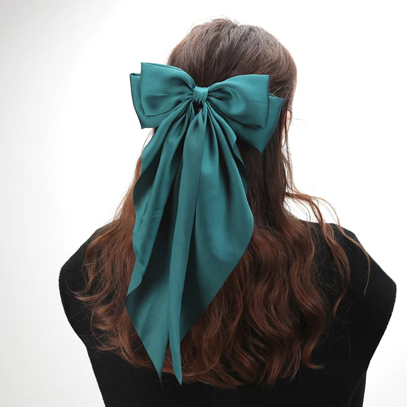 Elegant Bow Ribbon Hair Clip for Women Fashion Solid Satin Black Clip Simple Hairpin Headband with Clips Girls Hair Accessories Qme green