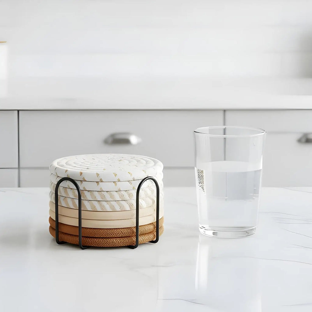 Absorbent Coasters 8 Pieces Absorbent Cup Mat With Holder 4.3 Inch Heat-Resistant Cotton Rope Desk Coaster For Table Home Coffee Qme