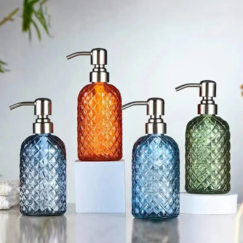 Glass Soap Dispenser Rust Proof Stainless Steel Pump Gem Patterned Qme